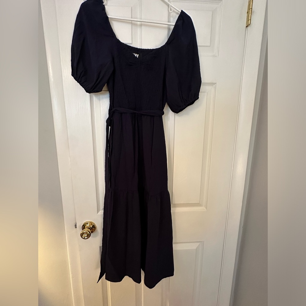 DKNY Smocked Maxi Dresses Casual Puff Sleeve Navy Dress Size 6